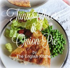 there is a white plate with food on it that says tuna cheese and onion pie