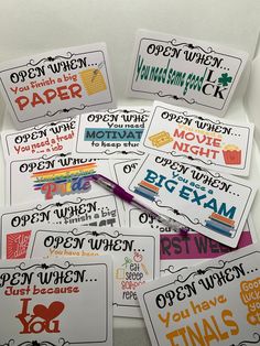 several different types of stickers with words on them