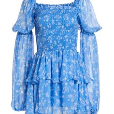 Elegant Blue Mini Dress With Smocked Bodice, Blue Flowy Mini Dress With Smocked Bodice, Elegant Mini Dress, Caroline Constas, Tiered Ruffle Skirt, Mini Slip Dress, Arte Popular, Sheer Chiffon, Rose Dress