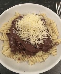 a white plate topped with pasta covered in sauce and cheese