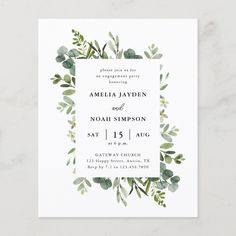 a wedding card with greenery on it