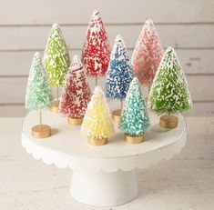 there are many small trees on the white cake platter that is decorated with sprinkles