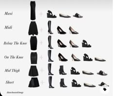 Top Guide Women, Dress Length And Shoe Guide, Boot Height Guide Style, How Many Shoes Do You Need, Shoe Pairing Guide Women, Shoe Essentials Women, Shoes For Dresses How To Pick, Must Have Footwear For Women, Must Have Shoes For Women