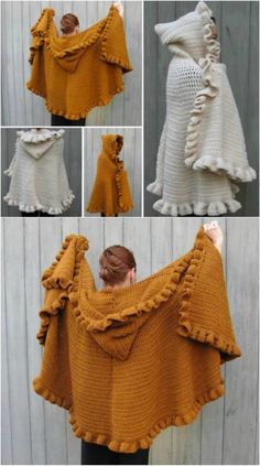 several pictures of different types of crocheted ponchy shawls with ruffles on them