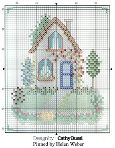 a cross stitch house with trees and bushes in the yard, as well as numbers