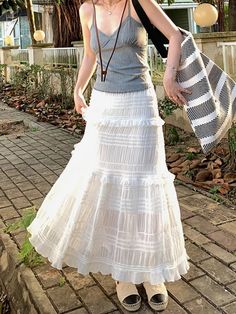 42550972317743 Bohemian Fitted Pleated Maxi Skirt, Bohemian Pleated Fitted Maxi Skirt, Empire Pattern, White Long Skirt, Style Gothic, Pleated Skirts, Long Skirts For Women, Mesh Skirt, Skirt Women