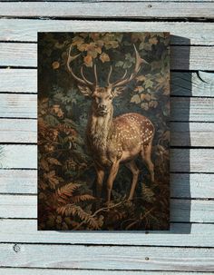 a deer standing in front of a painting on a wooden wall