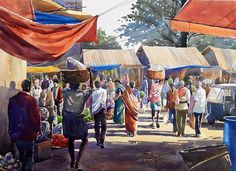 a painting of people walking around an outdoor market