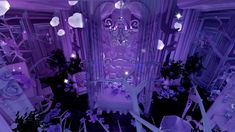 a room with purple lighting and lots of flowers on the floor in front of a chandelier