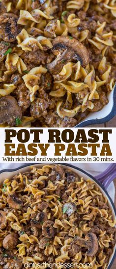 two pictures showing different types of pasta with meat and vegetables in the same skillet