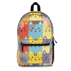 Its time to get ready for heading back to school your child will want to stand out with this Cute Cat Faces Backpack! This backpack is perfect for any child who loves Cats. This backpack is sure to be a one of a kind. Our backpacks are roomy and durable backpack, made from 100% spun polyester and weighs just 1.3 lbs. The backpack is light, strong and long-lasting, water resistant with adjustable shoulder straps.  A total of 4 compartments - 1 main zip pocket, 1 front pocket, bottle pocket on the side and inside compartment for a laptop or tablet. Whether you're shopping for a special gift or just want to provide a comfortable and stylish backpack for a child, this backpack is the perfect choice. Order yours today! **Also look for similar designs on our lunch kits and water bottles** Our ba Lunch Kits, Faces Design, Cool Backpack, Design Backpack, Durable Backpack, Girls Backpack, Cute Cat Face, Lunch Kit, Cat Faces