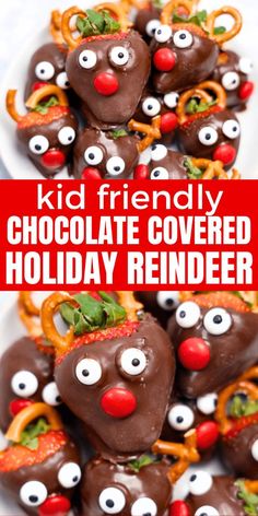 chocolate covered holiday reindeer pretzels on a white plate