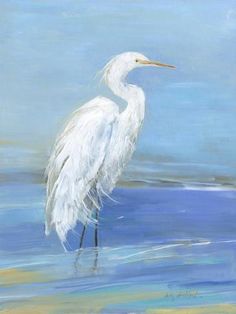 a painting of a white bird standing in the water