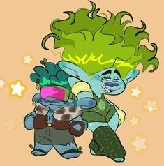 an image of two cartoon characters with green hair and blue skin, one is hugging the other