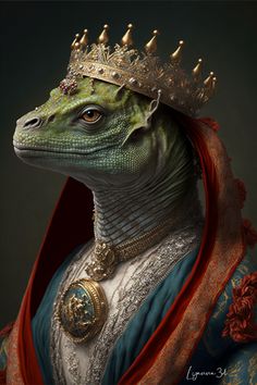 an iguana wearing a crown and dress