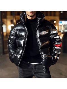 Men Youth Outerwear, Unisex Basketball Print Warm Down Jacket Placket Design, Sleeve Placket, Warm Down, Black Puffer, Season Autumn, Leather Jackets, Stand Collar, Down Jacket, Collar Style