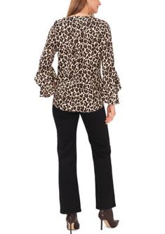 A striking animal print is feminized with ruffle-embellished bell sleeves on this stunning Vince Camuto top. | Vince Camuto Women's Bell Sleeve Animal Print Top, Black, XS Chic Leopard Print Tops For Work, Fall Leopard Print Stretch Blouse, Fall Leopard Print Blouse With Ruffles, Fall Stretch Leopard Print Blouse, Stretch Leopard Print Blouse For Fall, Black Xs, Print Top, Bell Sleeve, Vince Camuto