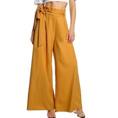 High Waist Self Tie Wide Leg Pants In Mustard Yellow Color. Never Used. Yellow Bottoms For Day Out In Fall, Cotton Bottoms With Pockets For Brunch, Casual Yellow Bottoms For Brunch, Wide Leg Pants With Pockets For Brunch, Wide-leg Pants With Pockets For Brunch, Chic Cotton Pants For Brunch, High Waist Cotton Bottoms For Brunch, Solid Color Wide Leg Bottoms For Brunch, Solid Wide Leg Bottoms For Brunch