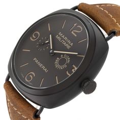 Panerai Radiomir Composite Marina Brown Dial Mens Watch PAM00339 Box Papers. Manual-winding movement. Cushion shaped composite case 47.0 mm in diameter. Black composite sloped bezel. Scratch resistant sapphire crystal. Millitary brown dial with luminous hands and baton hour markers. Arabic numerals at 3, 6, 9 and 12 o'clock positions.  Small seconds sub dial at 9 o'clock. Brown leather strap with tang buckle. Brown Chronometer Watch With Rectangular Dial, Brown Watches With Rectangular Dial And Chronometer, Brown Watches With Chronometer And Rectangular Dial, Brown Watch With Chronometer And Rectangular Dial, Panerai Radiomir, Brown Leather Strap, Swiss Watches, Wristwatch Men, O Clock