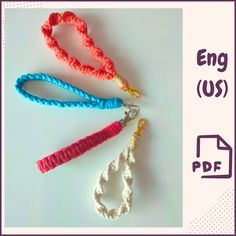 three crocheted lanyards are shown on a white background with the words eng us