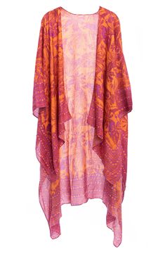 Whether you're going for a stroll under the sun or out for an evening, this ultra lightweight duster will radiate opulence. 26" L x 51" W Open front 3/4 length sleeves
 Side vents All-over print Woven 100% rayon Hand wash cold, line dry Imported Model stats: 5'10", 32" bust, 25" waist, 36" hip. One Size Pink Kimono For Summer, Summer Pink Open Front Kimono, Summer Open Front Pink Kimono, Bohemian Pink Open Front Cover-up, Pink Open Front Kimono For The Beach, Pink Kimono For Fall Vacation, Pink Wrap Cover-up For Spring, Pink Fall Vacation Kimono, Pink Open Front Beach Cover-up