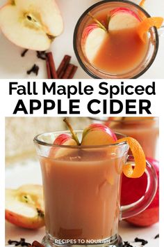 an apple cider with apples and cinnamons in it, next to the recipe