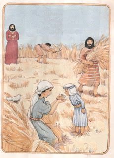 an image of children in the field with birds and people behind them, one child is feeding