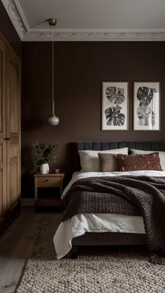 22 Cozy and Modern Brown Bedroom Ideas: Aesthetic Designs with Dark, Beige, and Green Accents Brown Walls Master Bed, Dark Cozy Master Bedrooms Decor, Bedroom Color Schemes Dark Wood, Dark Plum Bedroom Walls, Dark Chocolate Paint Color, Dark Chocolate Walls, Brown Wall Bedroom Ideas Cozy, Chocolate And Cream Bedroom Ideas, Bedroom Chocolate Brown