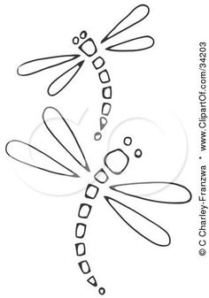 a black and white drawing of three dragonflies