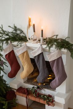 Different Color Christmas Stockings By AmourlInen Linen Christmas Decorations, Cute Stockings Christmas, European Christmas Decor, Linen Stocking, Chocolate Bedroom, Linen Textiles, Fireplace Walls, Linen Christmas Stocking, Linen Tableware