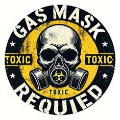 a gas mask logo with the words,'gas mask required'in yellow and black