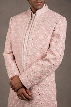 Shop for RNG Safawala Pink Jacket - Blended Silk Embroidered Sherwani And Kurta Set for Men Online at Aza Fashions Pink Sherwani With Mirror Work For Designer Wear, Fitted Pink Sherwani With Cutdana, Pink Fitted Sherwani With Cutdana, Pink Sherwani With Chikankari Embroidery And Long Sleeves, Pink Long Sleeve Sherwani With Chikankari Embroidery, Pink Long Sleeve Bandhgala With Cutdana, Pink Long Sleeve Bandhgala For Reception, Designer Pink Bandhgala With Zari Work, Designer Pink Sherwani For Festive Season