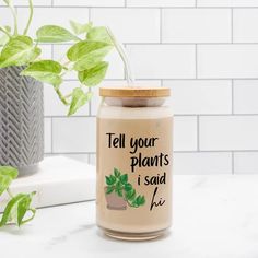 Glass iced coffee cup with a glass sipper straw and lid. A quote that says tell your plants i said hi with a plant graphic. On a white kitchen counter with a potted plant in the background. Humorous Sayings, Funny Glasses, 16oz Glass Can, Funny Candles, Travel Jewelry Case, Travel Jewelry