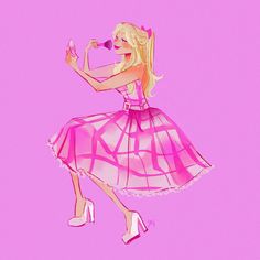 a drawing of a woman in a pink dress with high heels on her feet holding a microphone