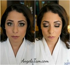 two pictures of a woman with makeup on her face and the same person wearing a robe