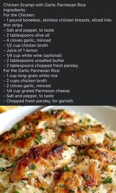 chicken scampli with garlic parmesan rice recipe