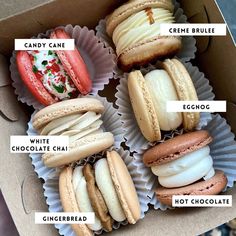 a box filled with lots of different types of macaroons