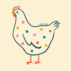 a white chicken with multicolored dots on it's body