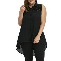 Plus Size Lace Insert High Low Top - Black - 3518382113 - Original Design-Women's Clothing  #OriginalDesignWomensClothing #Original #DesignWomen's #Clothing Vest Style Women, Ladies Chiffon Shirts, Shirt Collar Styles, Womens Lace Tops, Tops And Blouses, High Low Top, Lace Outfit, Plus Size Tank Tops, Fashion Plus Size