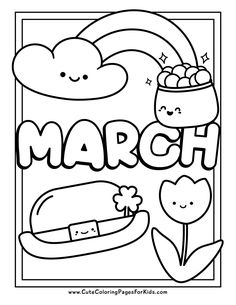 march coloring page with the word march in black and white, surrounded by cartoon characters