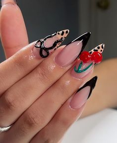 Black Cherry Nails, Cherry Nail, Cherry Nail Art, Cheetah Print Nails, Quick Nail, Nail Trend, Cherry Nails, Plaid Nails, Red Nail Designs