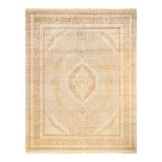 a beige rug with an intricate design on the top and bottom, against a white background