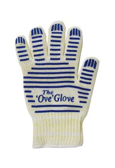 an oven mitt that says the one glove with blue and white stripes on it