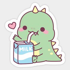 a sticker with a cartoon dinosaur drinking milk