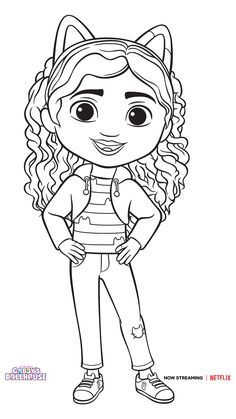 a girl with long hair and cat ears is standing in front of the camera coloring page