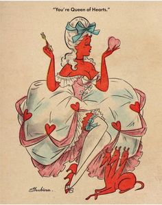 an old fashioned valentine card with a woman in a dress holding a knife and heart