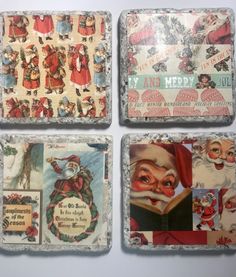 four coasters decorated with christmas images and santa claus