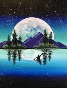 a painting of a person in a canoe on a lake with the moon rising behind them