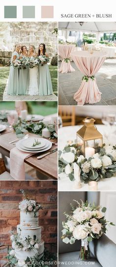 a collage of photos showing different wedding colors and flowers in shades of pink, green,