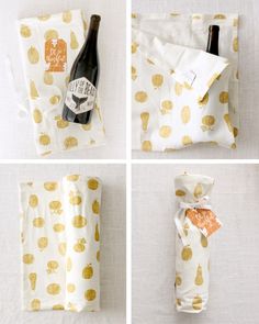 four different pictures of napkins with wine bottle in the middle and gold polka dots on them